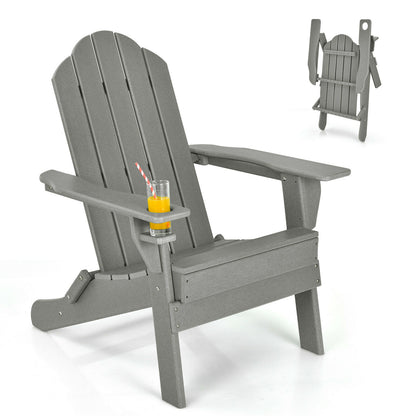 Folding Garden Adirondack Chair with Built-in Cup Holder-Grey