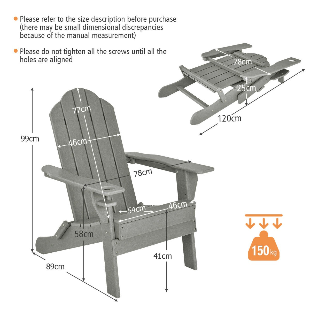 Folding Garden Adirondack Chair with Built-in Cup Holder-Grey