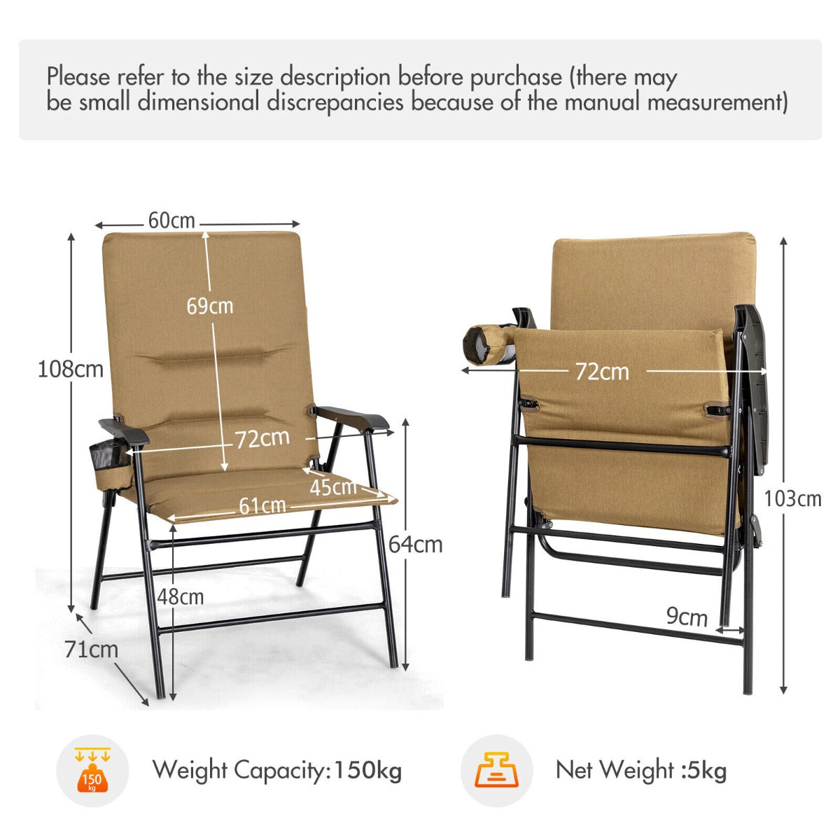 Portable Padded Folding Camping Chair with Cup Holder and Armrest-Brown