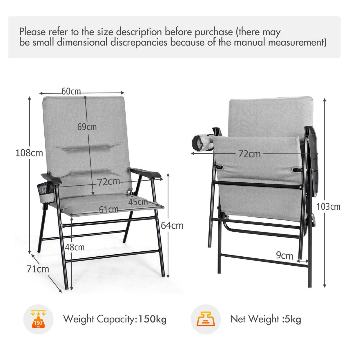 Portable Padded Folding Camping Chair with Cup Holder and Armrest-Grey