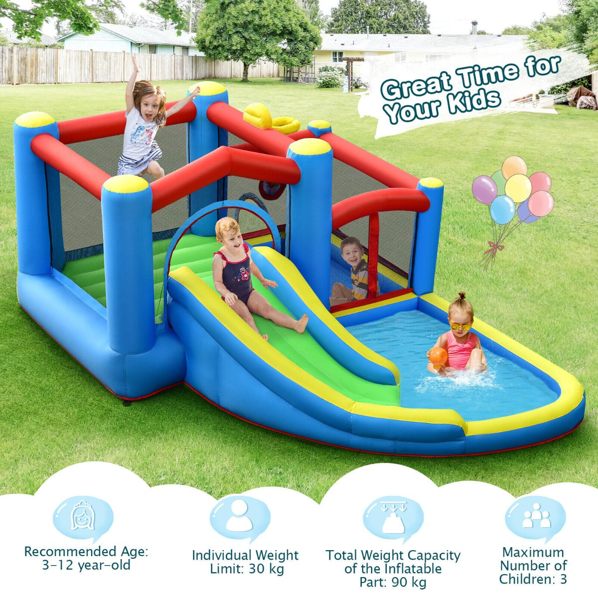 Kids Inflatable Trampoline Bouncy House with Slide and Target Balls