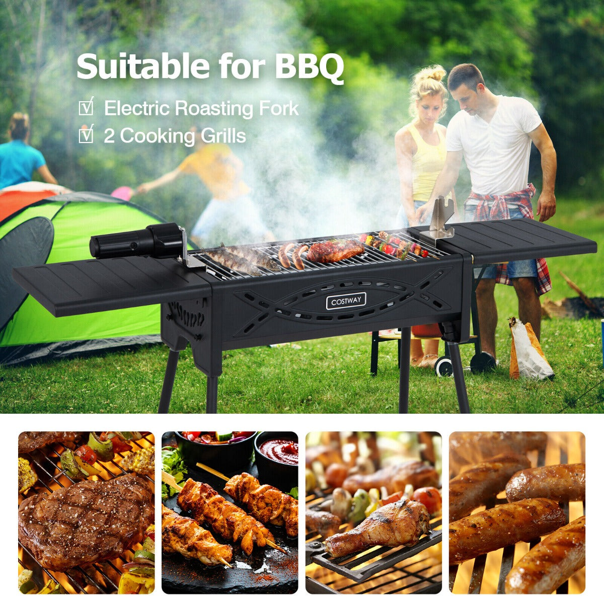 Portable Charcoal Barbecue Grill with Roasting Fork Detachable Legs-Black