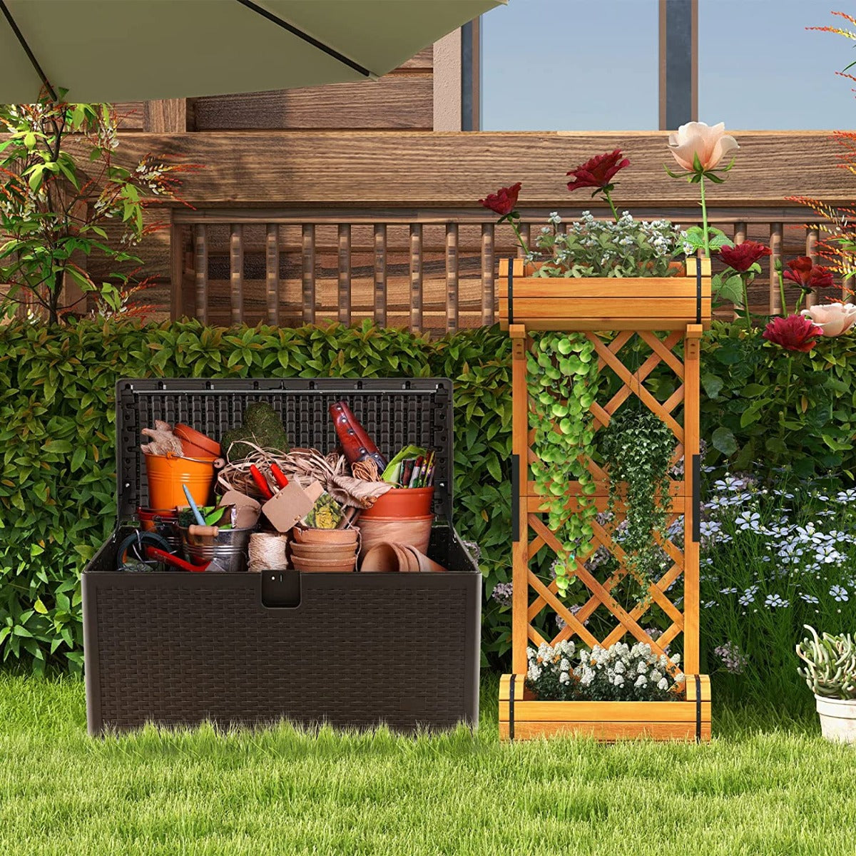 370L Garden Storage Box with Flip Lid and Lock Hole-Brown