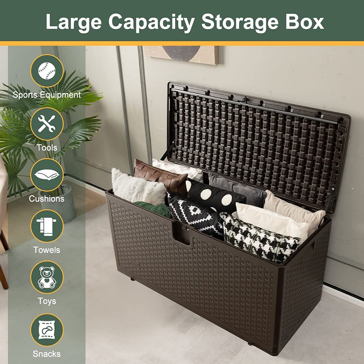 370L Garden Storage Box with Flip Lid and Lock Hole-Brown