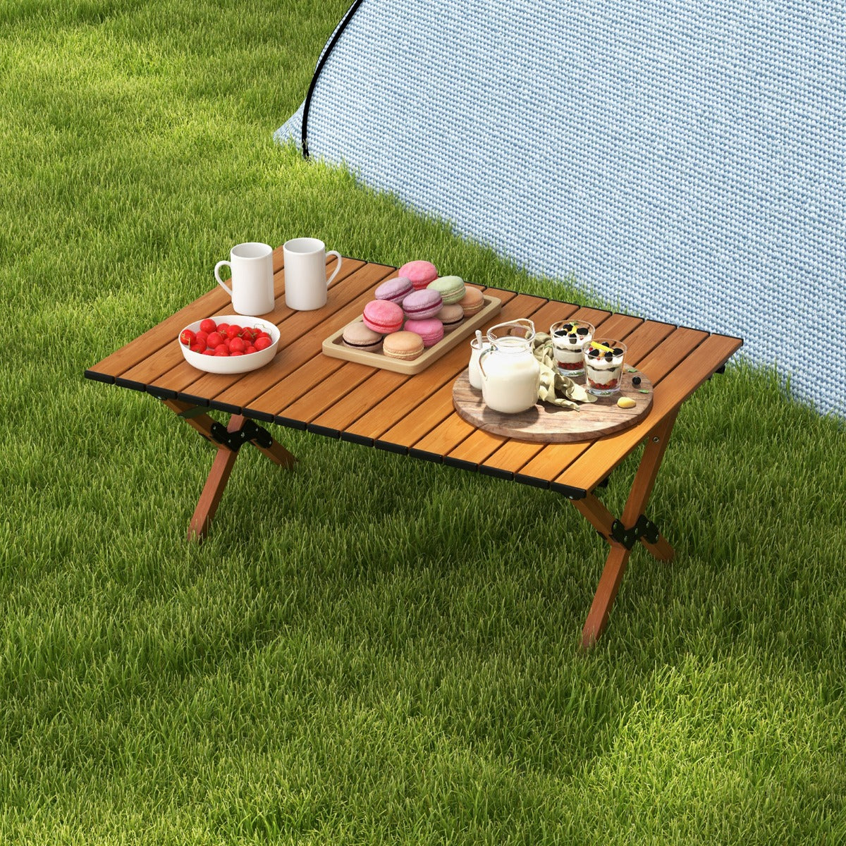 Folding Aluminum Picnic Table Roll-Up Camping Table with Carry Bag-Natural