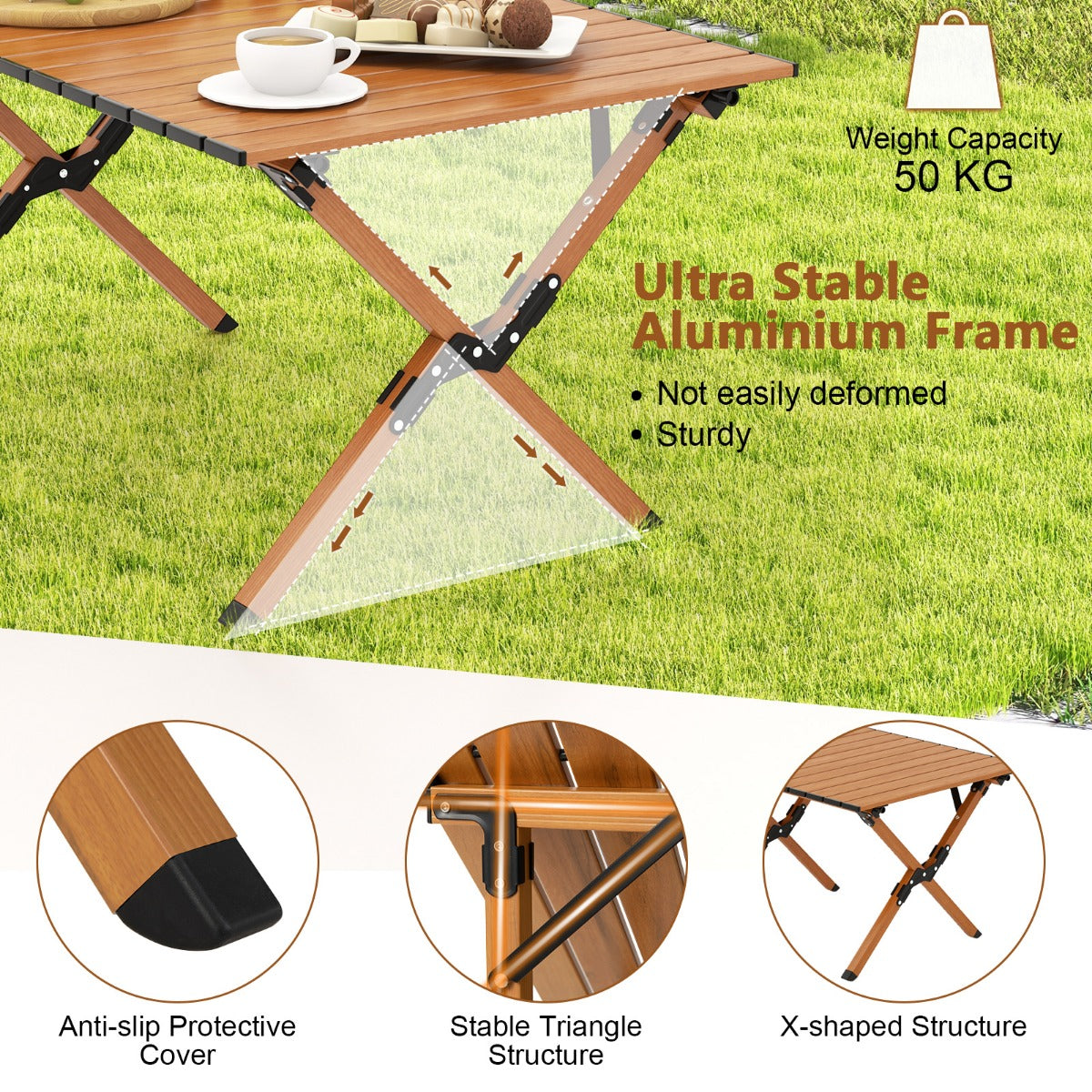 Folding Aluminum Picnic Table Roll-Up Camping Table with Carry Bag-Natural