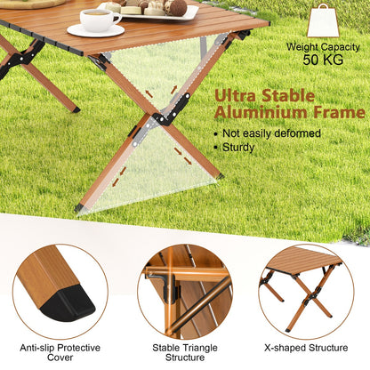 Folding Aluminum Picnic Table Roll-Up Camping Table with Carry Bag-Natural