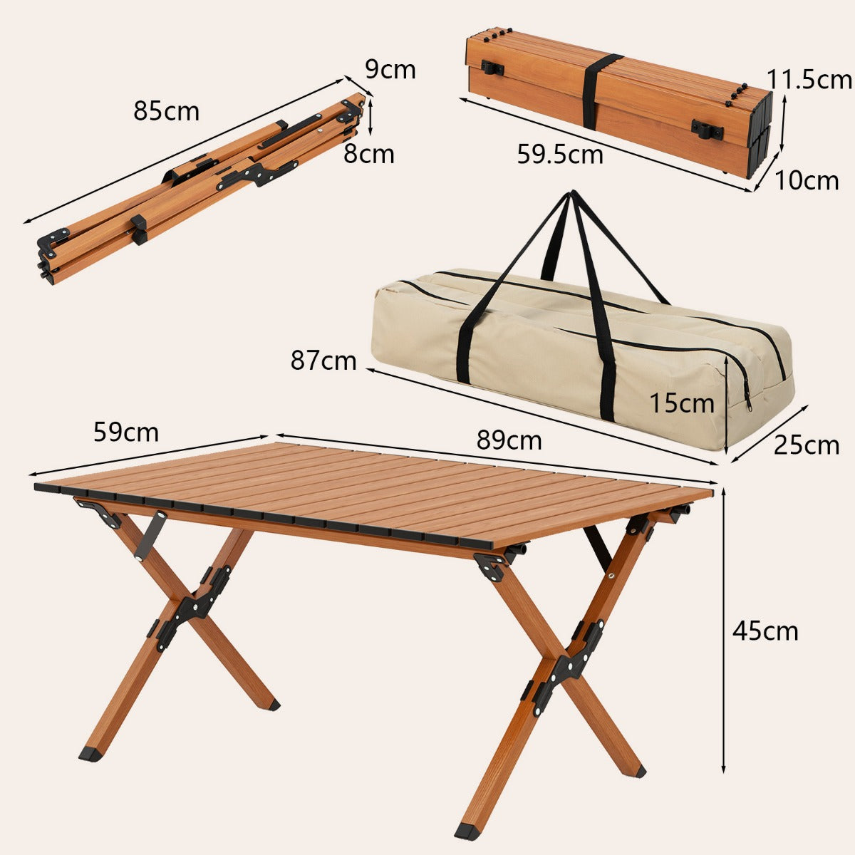 Folding Aluminum Picnic Table Roll-Up Camping Table with Carry Bag-Natural