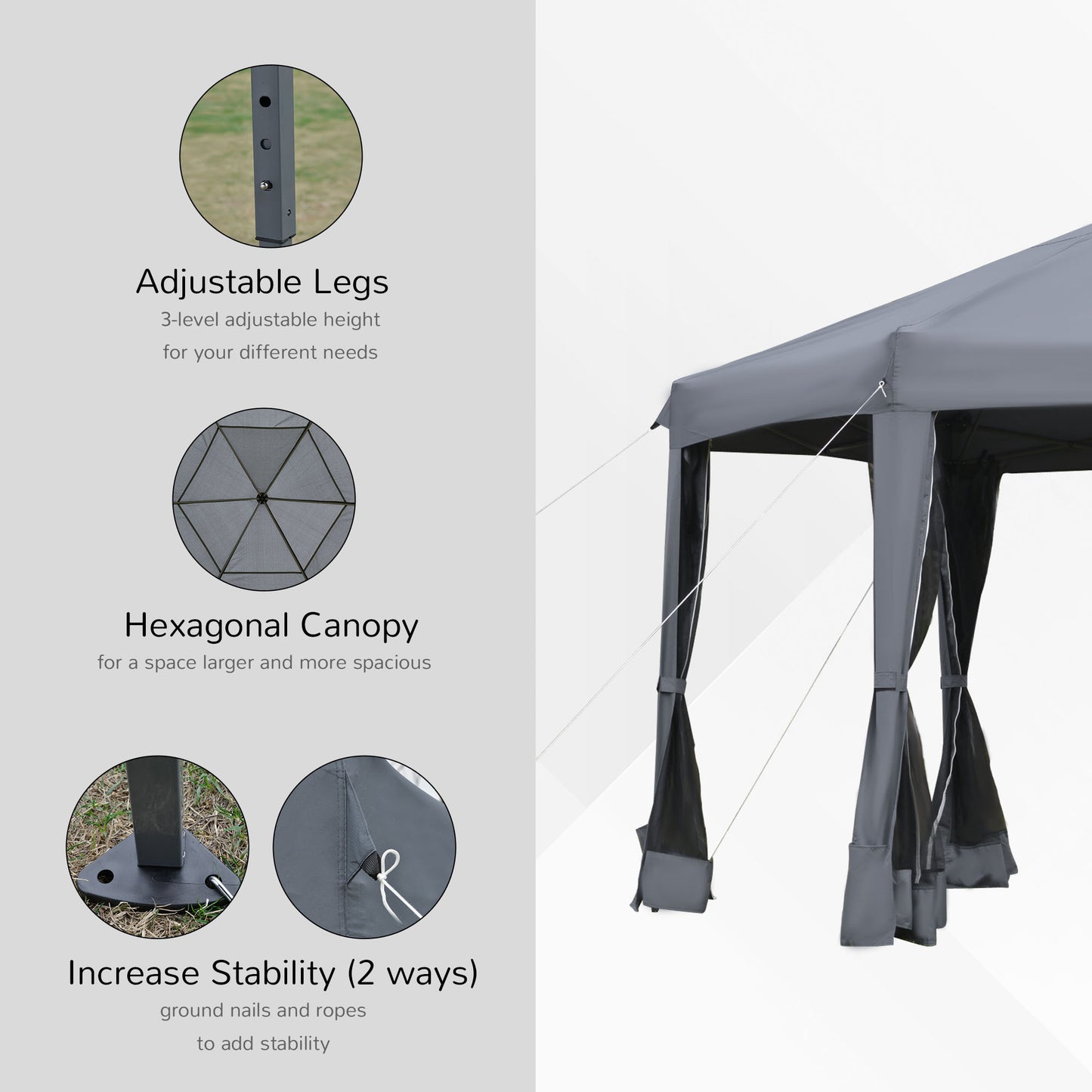 Outsunny 3.2m Canopy Rentals Pop Up Gazebo Hexagonal Canopy Tent Outdoor Sun Protection with Mesh Sidewalls, Handy Bag, Grey