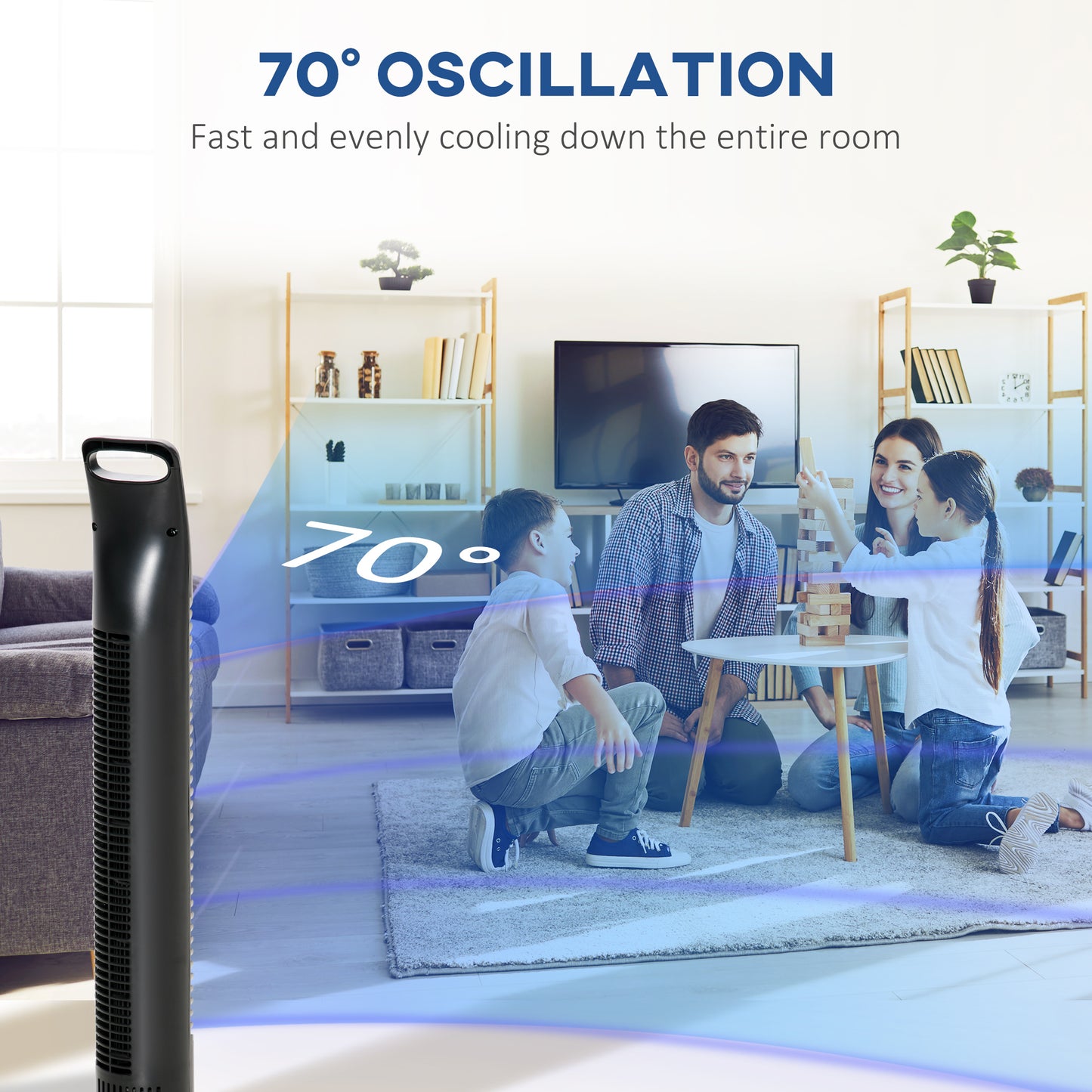 HOMCOM Tower Fan Oscillating 3 Speeds 3 Winds 40W w/ Remote Control Timer Moving Head Quiet Operation Home Office Bedroom Black - 78.5H cm