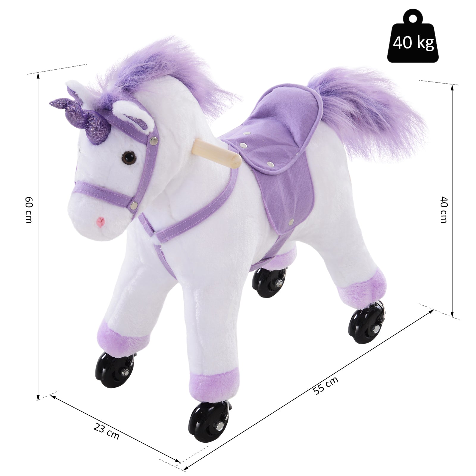 HOMCOM Four Wheel Sit-On Unicorn Horse Neigh Button Plush Safe Seat Handlebar Wood Frame
