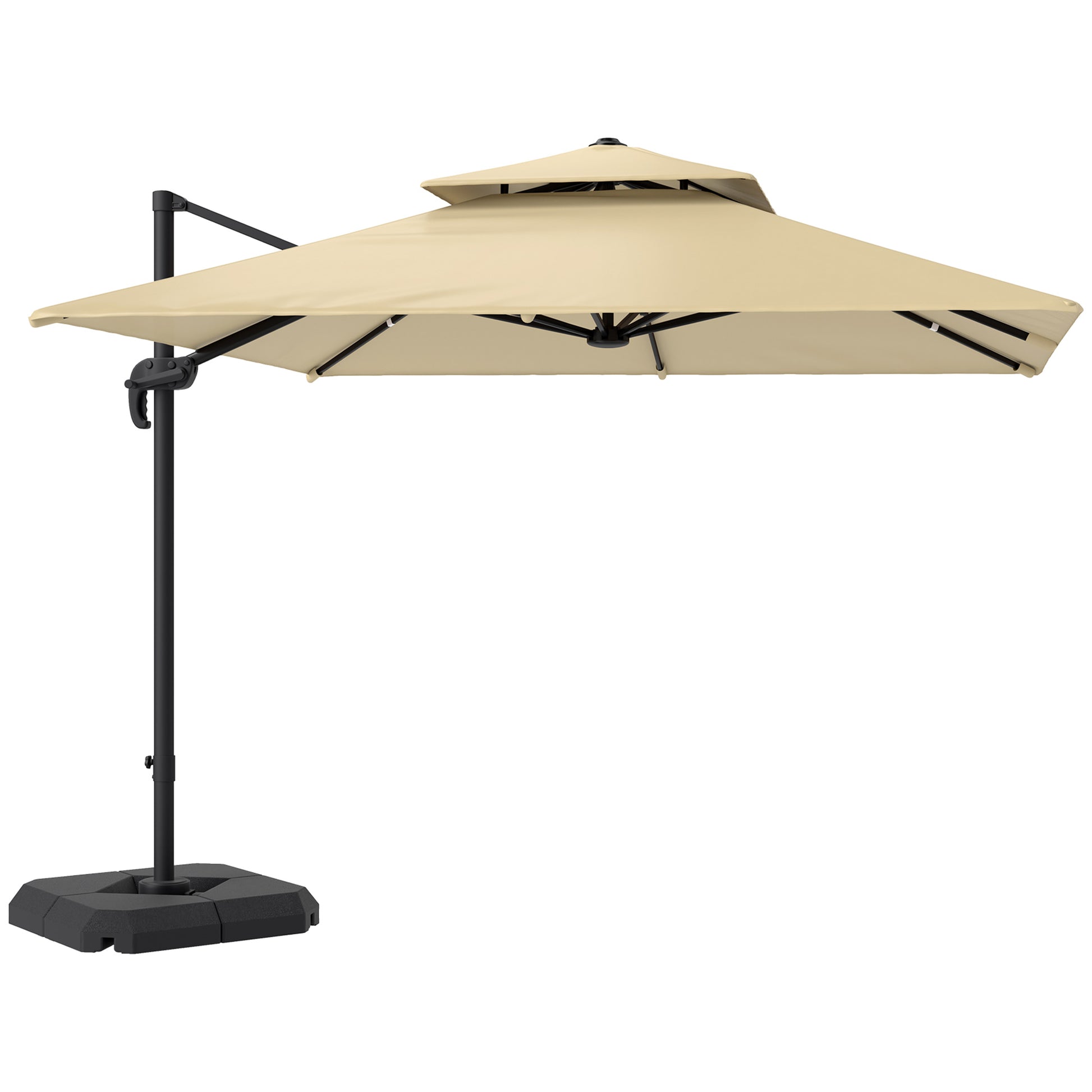 Outsunny 2.7 x 2.7(m) Cantilever Parasol with Aluminium Frame, Crank and Tilt, 360-Degree Rotation, Double Top Garden Umbrella with Base and Cover, Khaki