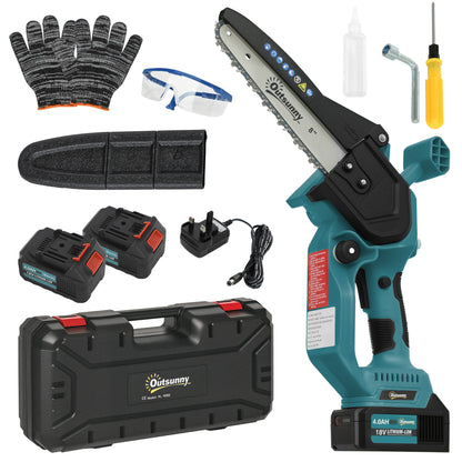 Outsunny 8 Inch Electric Chainsaw, Cordless Chain Saw with Brushless Motor, 2 4.0Ah Batteries and Safety Lock, Handheld Portable Wood Pruning Saw for Trimming Cutting, Blue