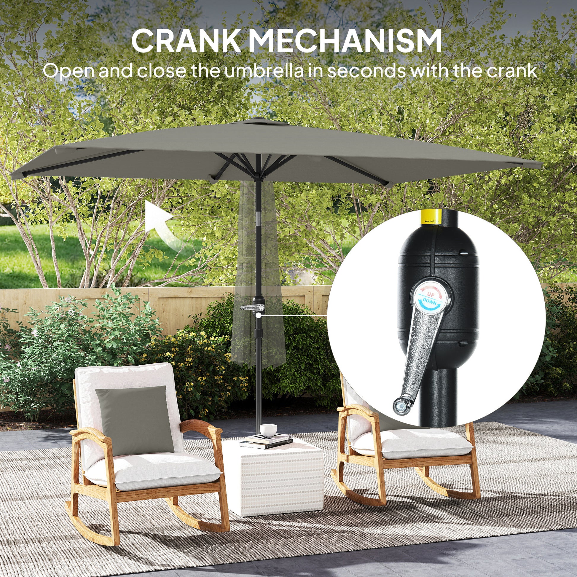Outsunny 3x2m Patio Parasol Garden Umbrellas Canopy with Aluminium Tilt Crank Rectangular Sun Shade Steel, Light Grey