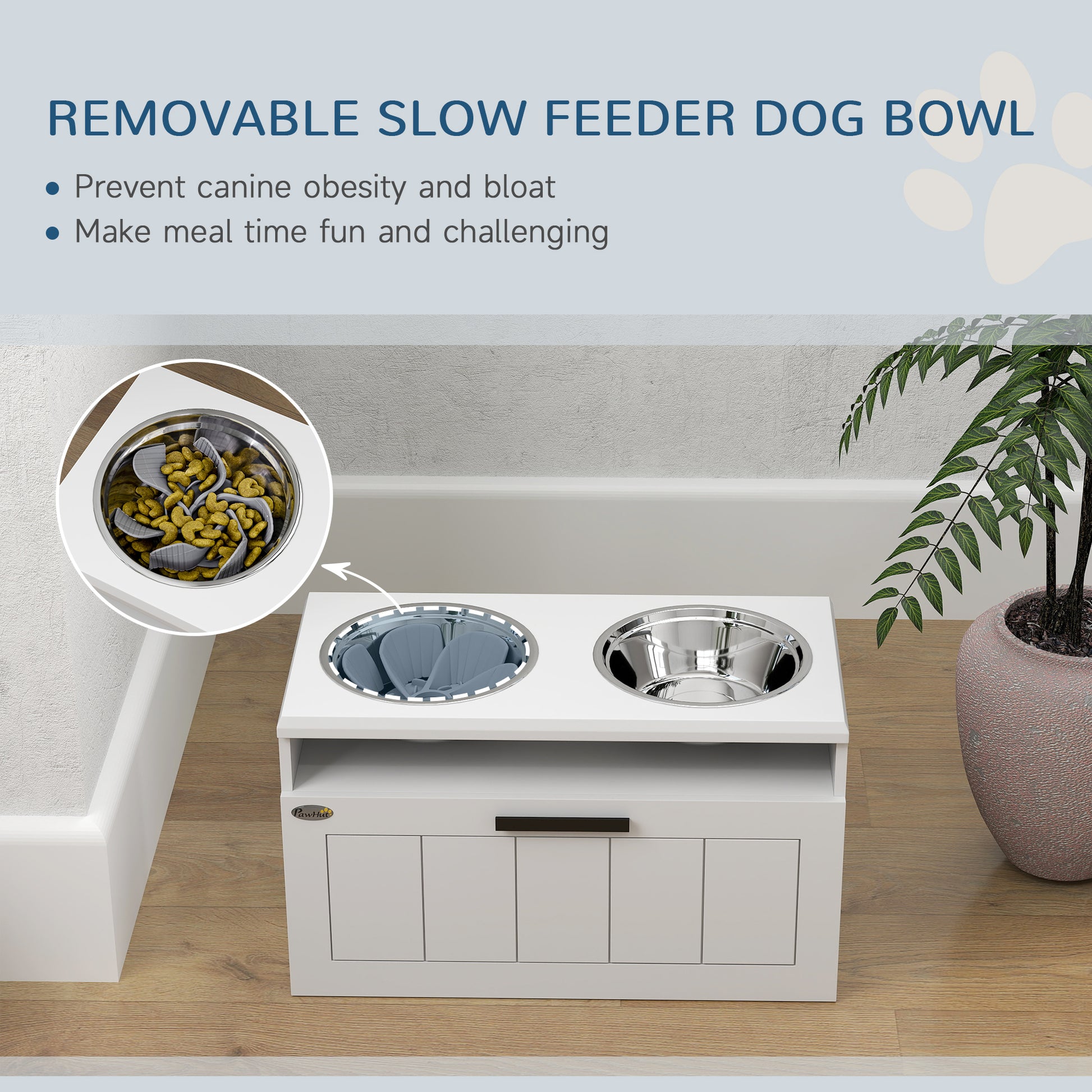 PawHut Raised Dog Bowl with Slow Feeder, Two Stainless Steel Dog Bowls, Drawer, for Large and Extra Large Dogs, White
