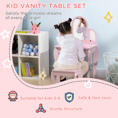 HOMCOM Kids Dressing Table with Mirror and Stool, Kids Vanity Set, Girl Makeup Desk with Drawer for 3-6 Years Old Children, Pink