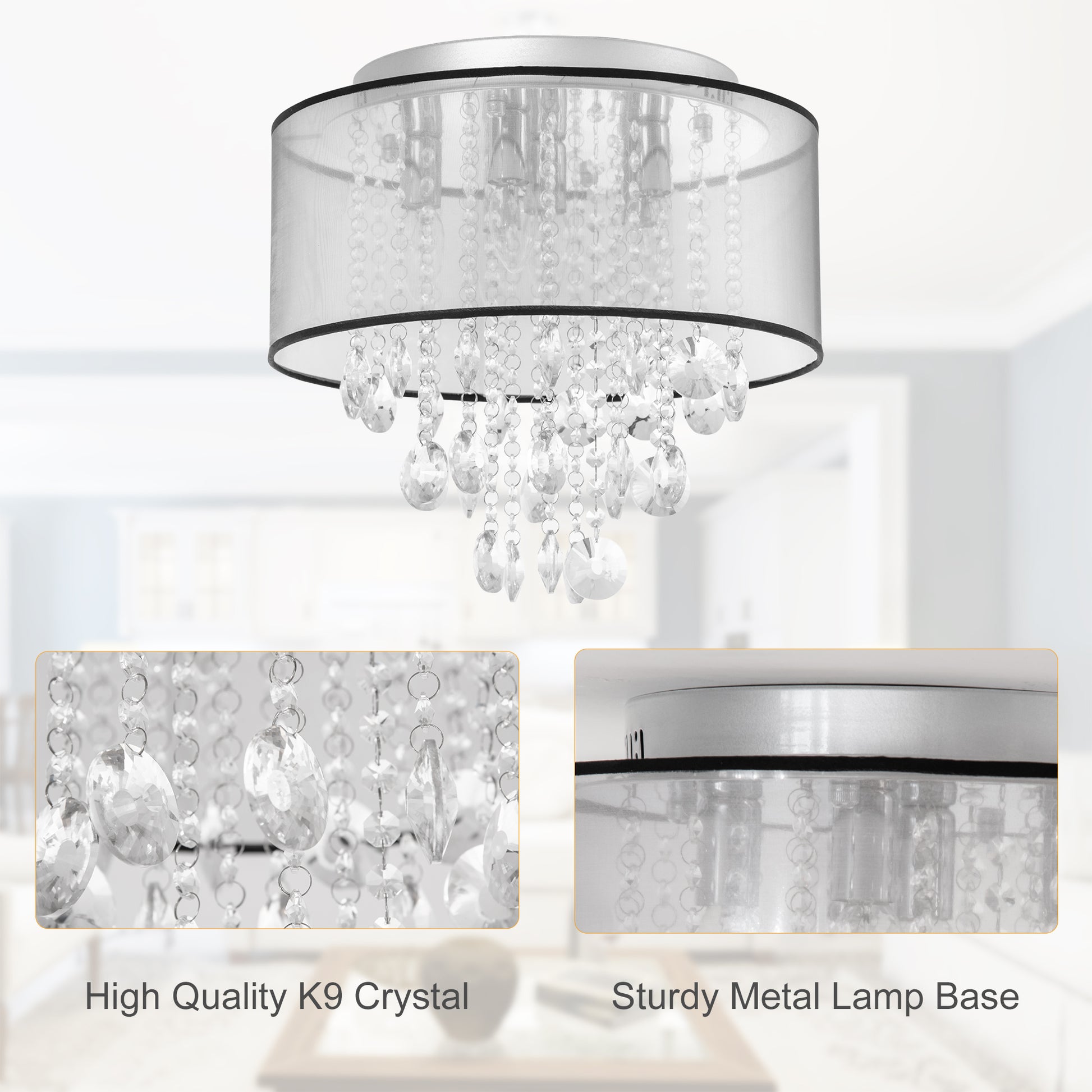 HOMCOM Modern Crystal Chandelier Flush Mount LED Ceiling Light with Drum Shade for Living Room Bedroom Dining Room Silver