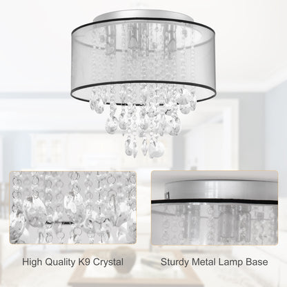 HOMCOM Modern Crystal Chandelier Flush Mount LED Ceiling Light with Drum Shade for Living Room Bedroom Dining Room Silver