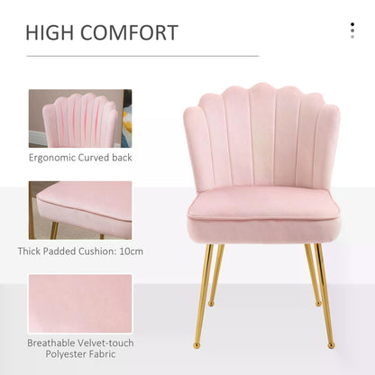 HOMCOM Velvet-Feel Shell Luxe Accent Chair, Glam Vanity Chair Makeup Seat, Home Bedroom Lounge with Metal Legs Comfort Padding, Pink