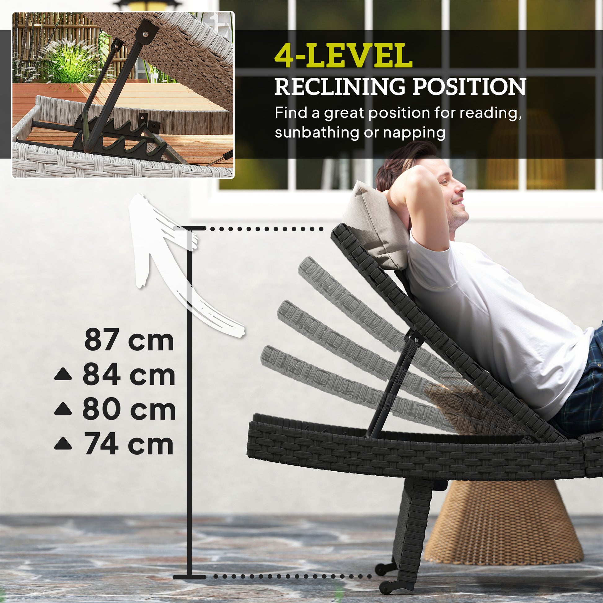 Outsunny Outdoor PE Rattan Sun Lounger, Folding Wicker Garden Lounger Recliner with 4-Level Adjustable Backrest, Rolling Sunbed Lounge Chair with Wheels, Non-Slip Legs for Balcony, Beach, Black