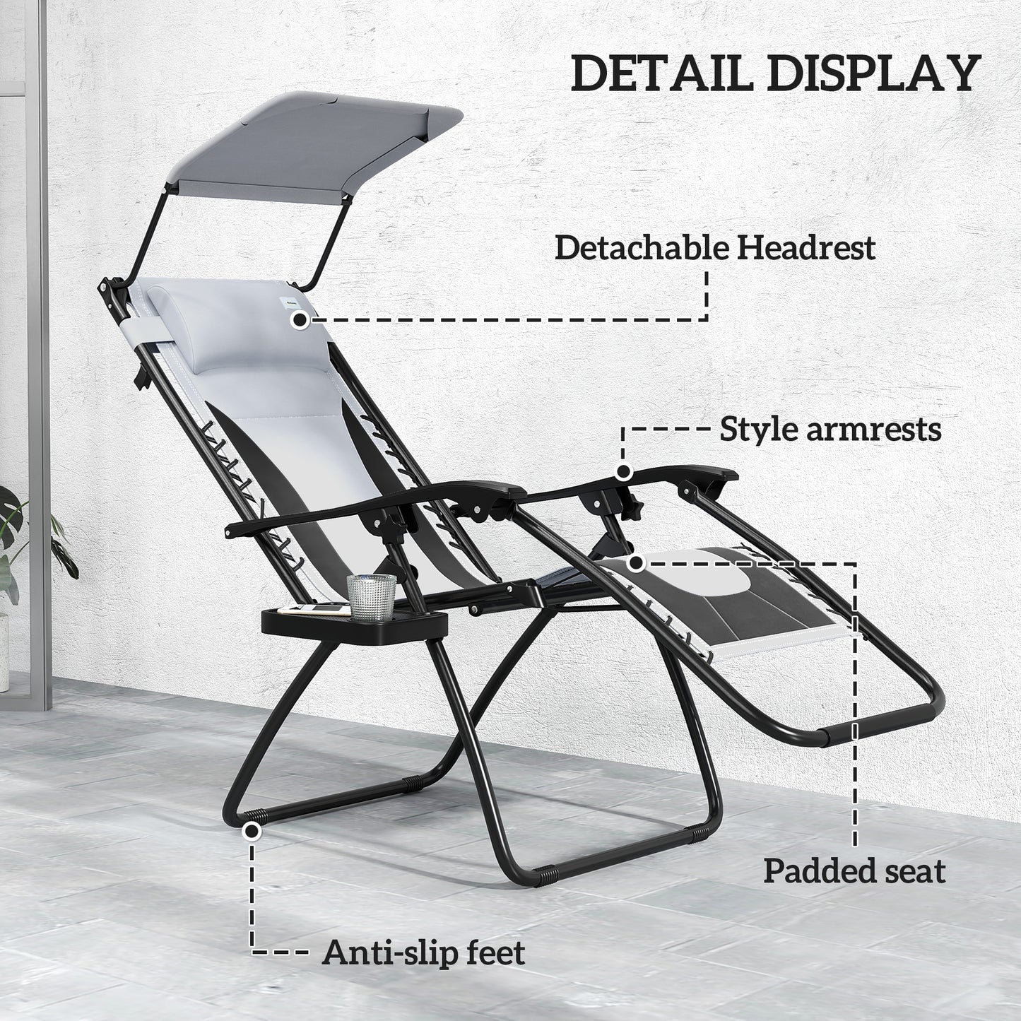 Outsunny Zero Gravity Lounger Chair Set of 2, Folding Reclining Patio Chair with Shade Cover, Padded Seat, Cup Holder, Soft Cushion and Headrest for Poolside, Camping, Light Grey