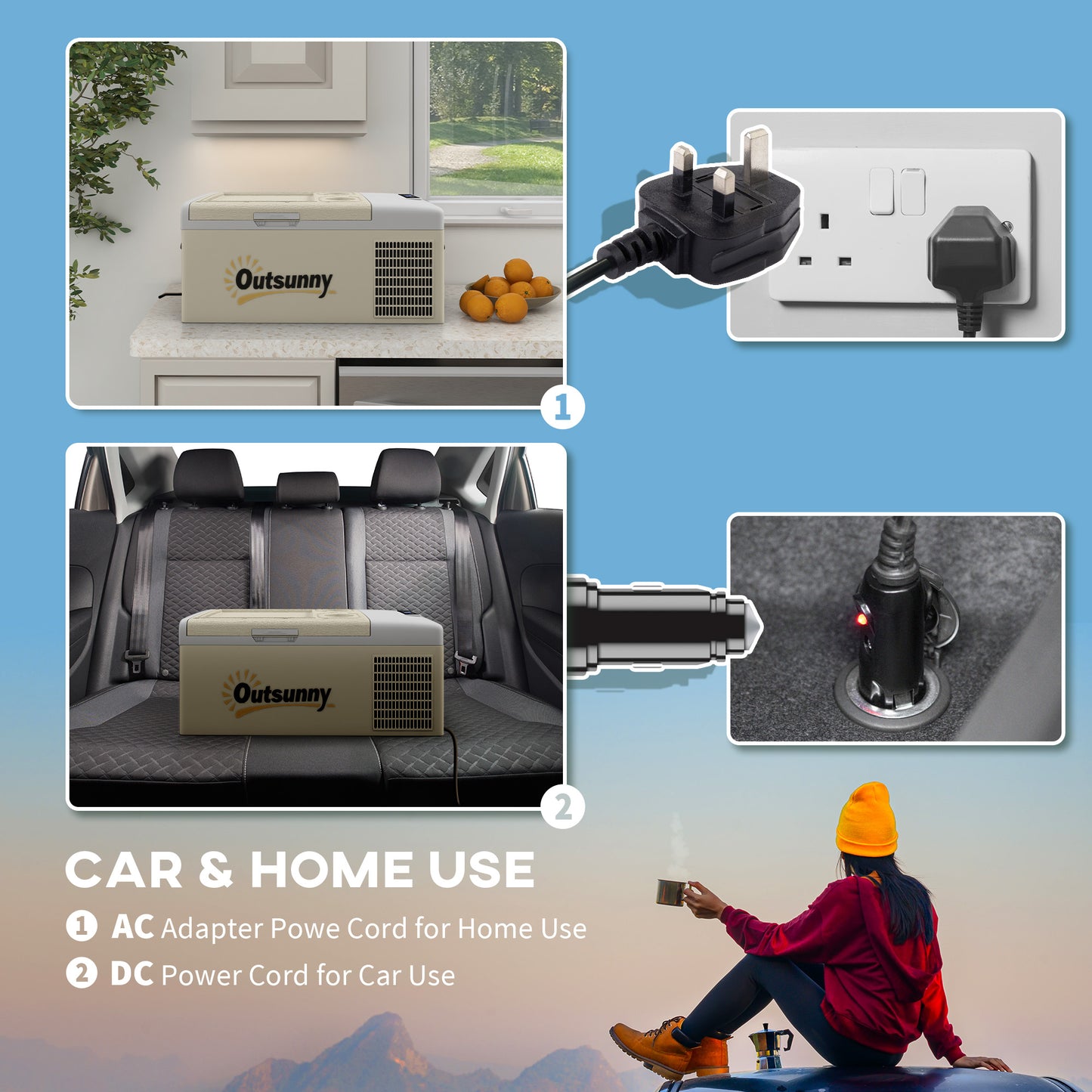 Outsunny 16L Portable Car Fridge, -20? to 10? Adjustable Temperature - Khaki/Grey