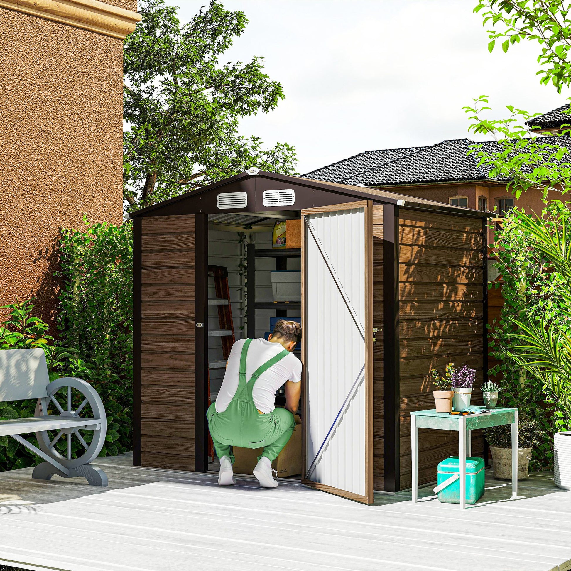 Outsunny 4 x 6ft Galvanised Steel Garden Shed, with Lock and Gloves - Oak