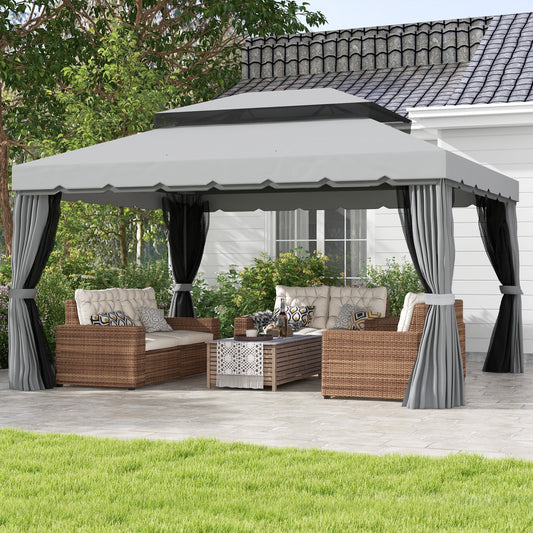 Outsunny 3 x 4m Aluminium Garden Gazebo, Marquee Canopy Shelter Pavilion Party Tent with Nets and Curtains for Garden and Deck, Light Grey