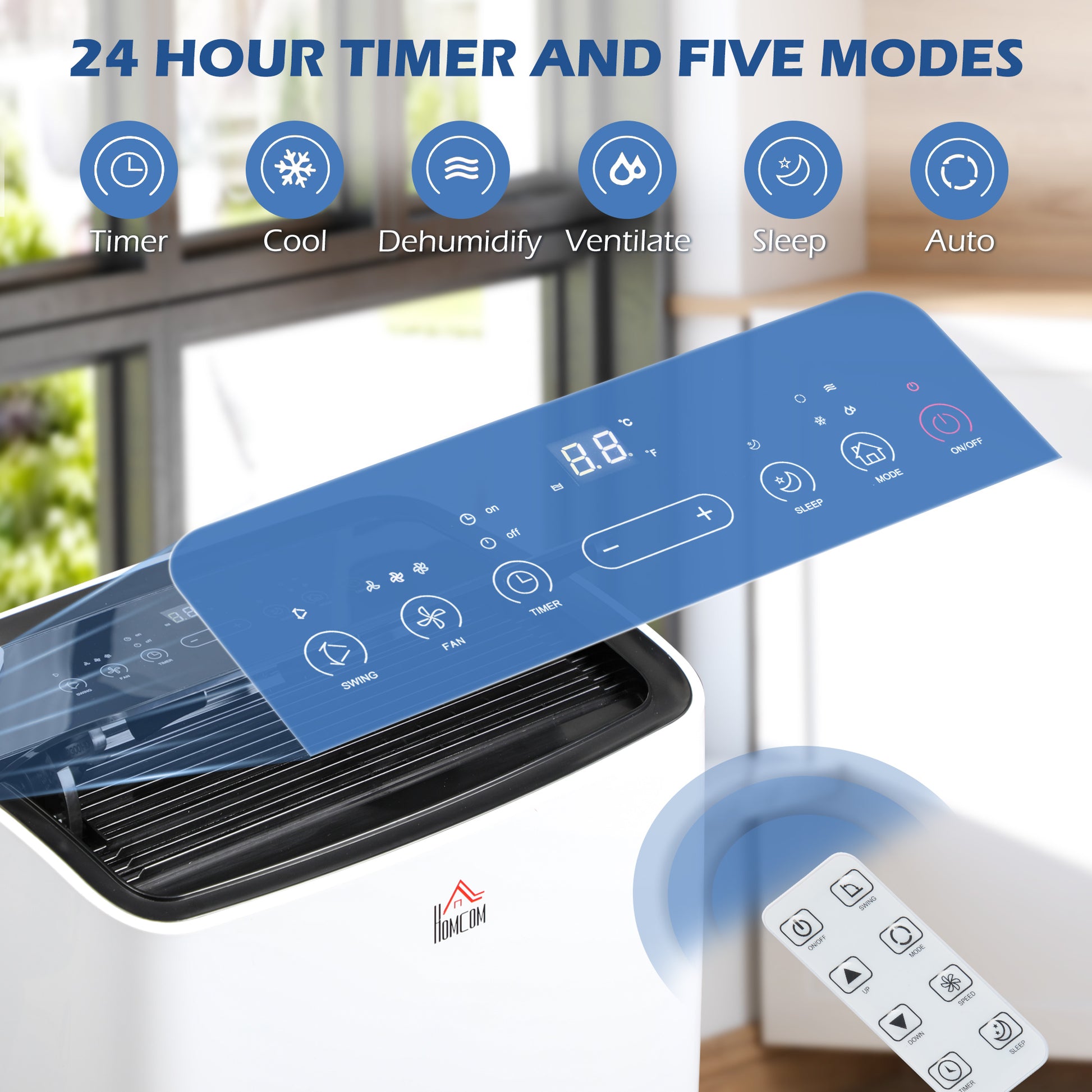 HOMCOM 14,000 BTU Portable Air Conditioner Dehumidifier Cooling Fan for Room up to 40m², with Remote, LED Display, 24H Timer, Window Mount Kit, White