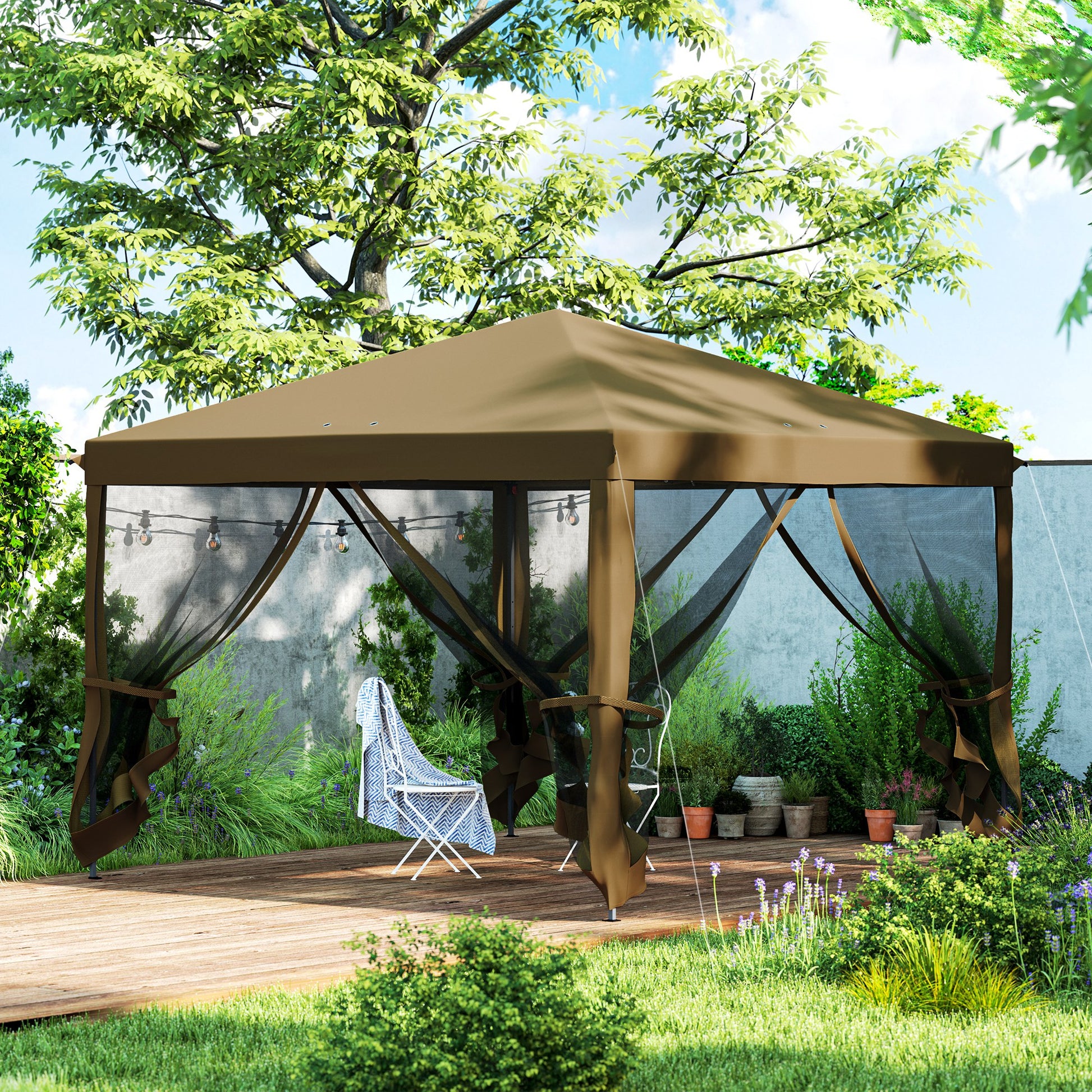 Outsunny 3 x 3 m Pop Up Gazebo, 420D Garden Tent Canopy with Removable Mesh Sidewall Netting, Carry Bag for Garden Patio Outdoor, Khaki