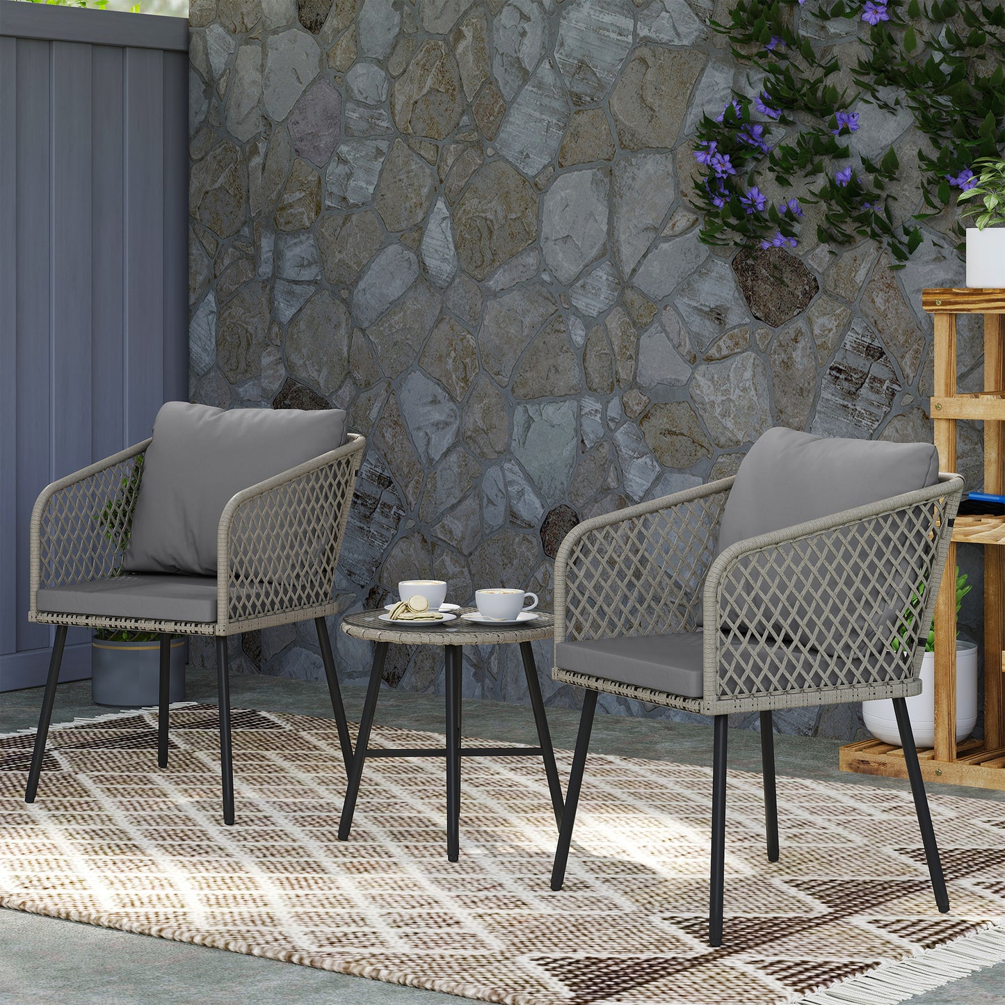 Outsunny Three-Piece Cut-Out Rattan Chair and Table Set - Grey