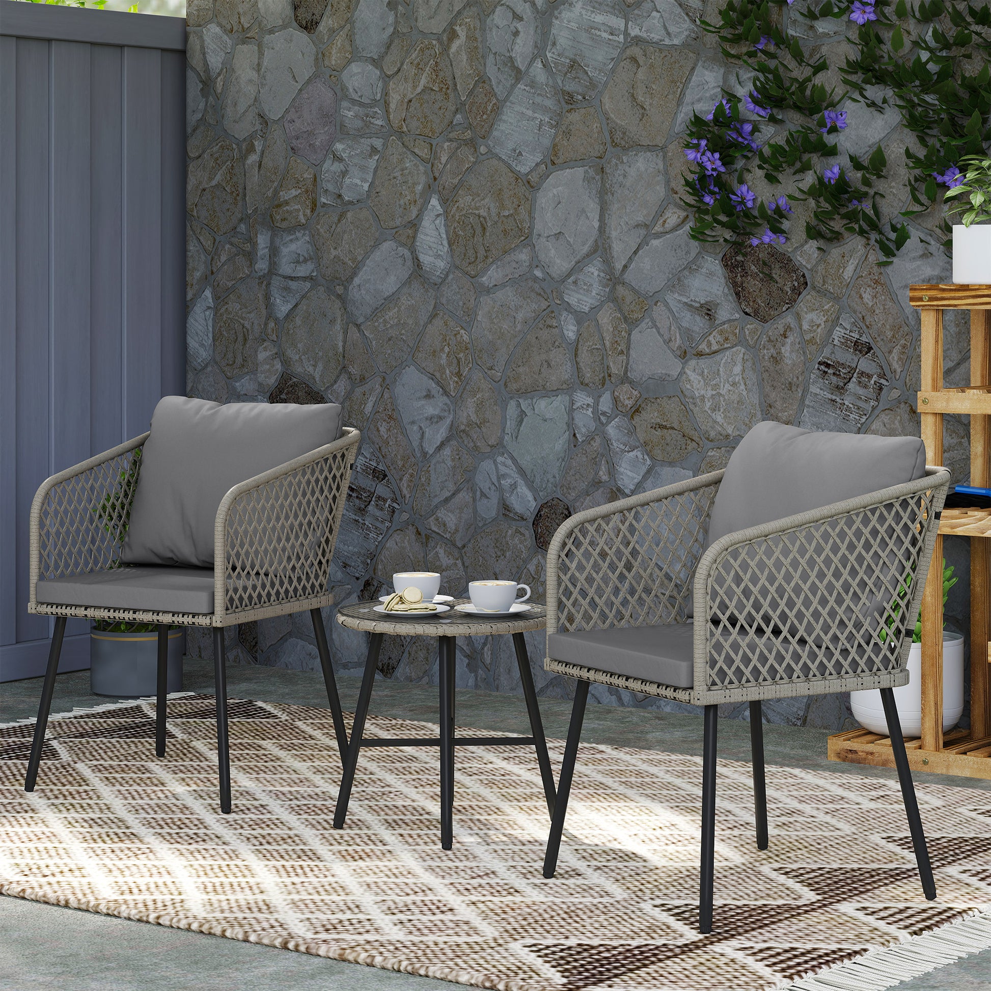 Outsunny Three-Piece Cut-Out Rattan Chair and Table Set - Grey