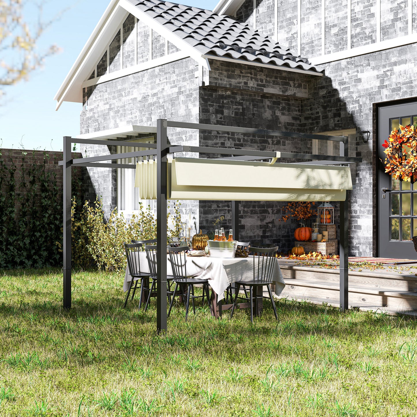 Outsunny 3 x 3m Aluminium Pergola, with Retractable Roof - Grey/Khaki