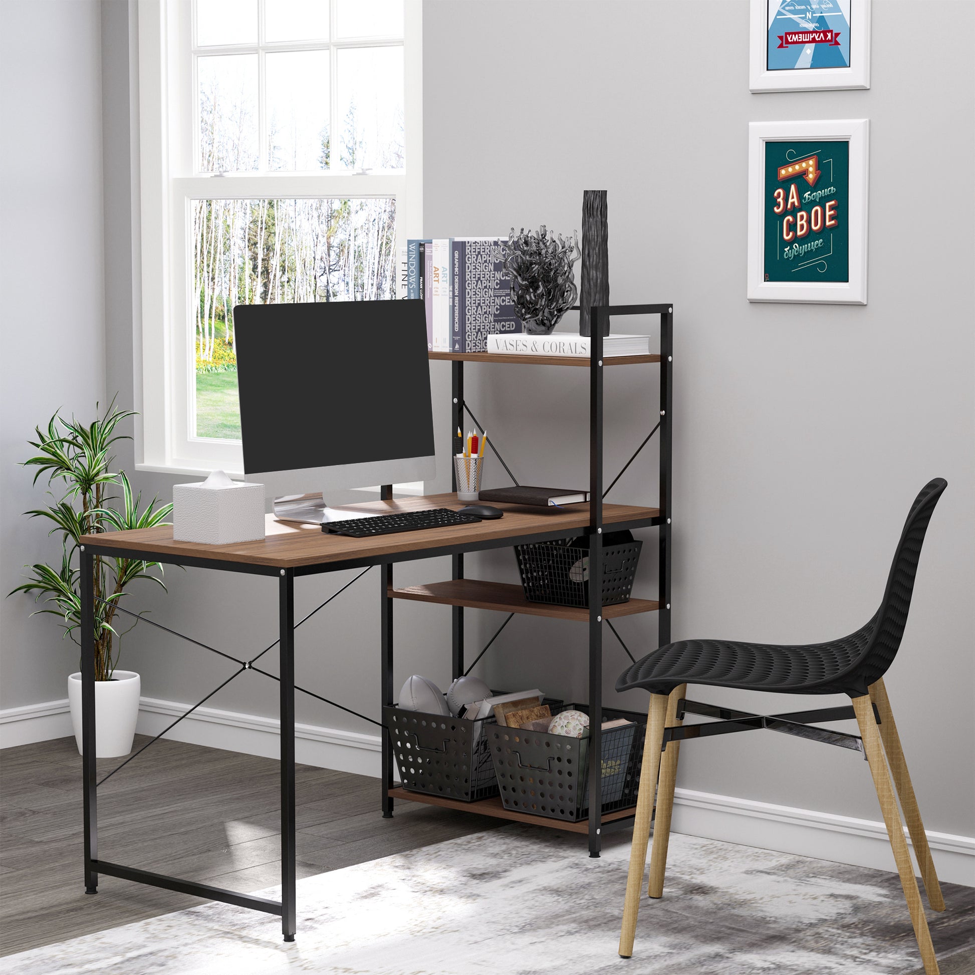 HOMCOM Computer Desk PC Table  Study Workstation Home Office with 4-tier Bookshelf Storage Metal Frame Wooden Top (Walnut & Black)