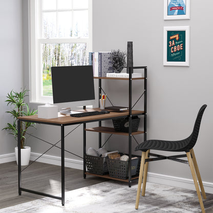 HOMCOM Computer Desk PC Table  Study Workstation Home Office with 4-tier Bookshelf Storage Metal Frame Wooden Top (Walnut & Black)