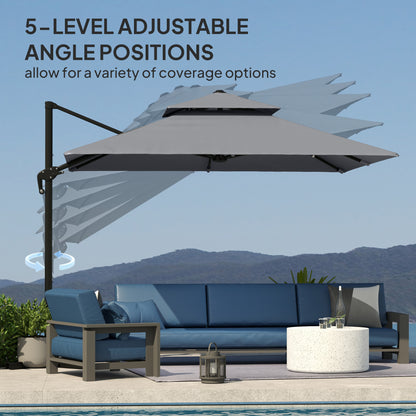 Outsunny 3 x 3(m) Cantilever Parasol with Aluminium Frame, Crank and Tilt, 360-Degree Rotation, Double Top Garden Umbrella with Base and Cover, Light Grey