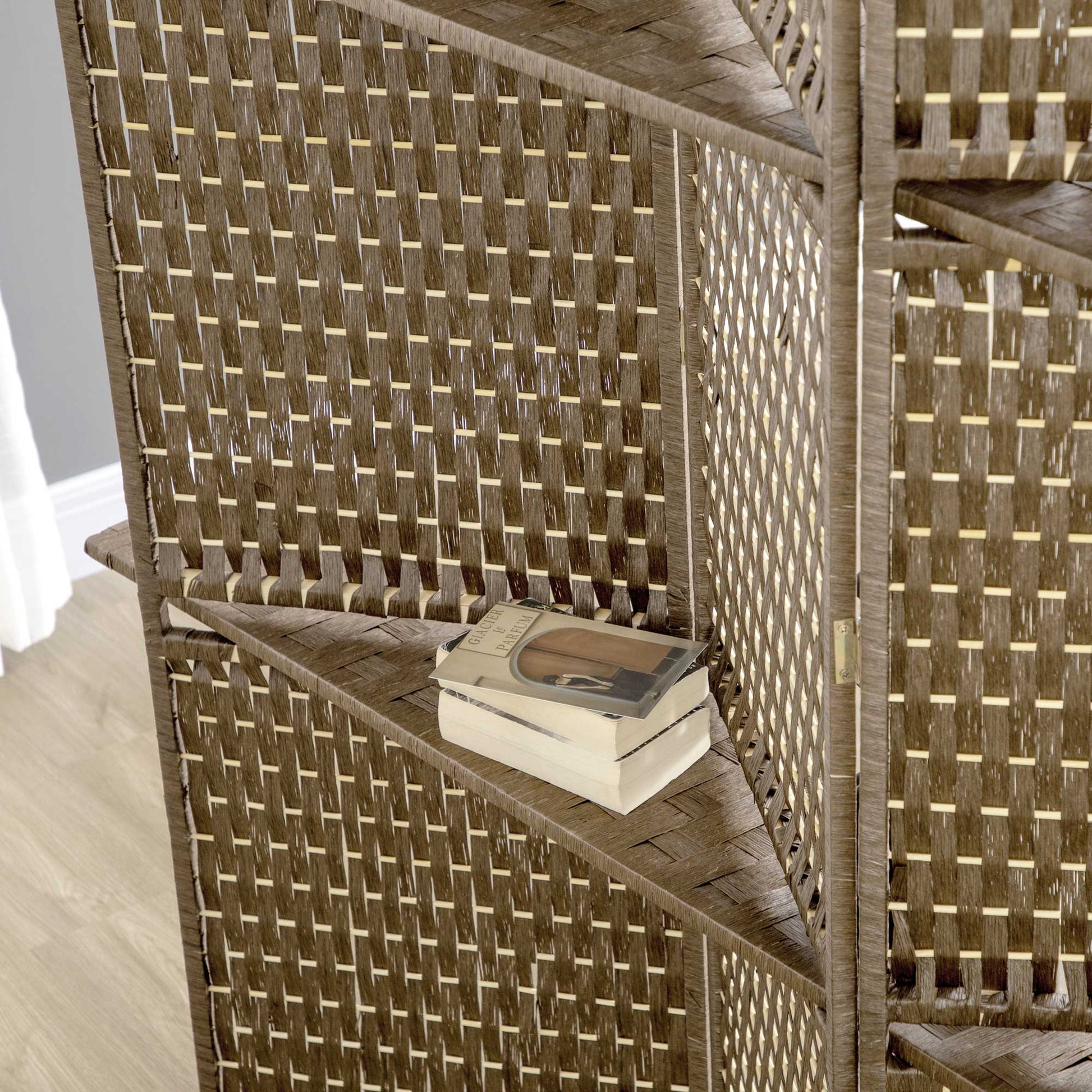 HOMCOM 4-Panel Room Dividers with Shelves, Wave Fibre Freestanding Folding Privacy Screen Panels, Partition Wall Divider for Indoor Bedroom Brown