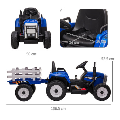 HOMCOM Electric Ride on Tractor w/ Detachable Trailer, 12V Kids Battery Powered Electric Car w/ Remote Control, Music Start up Sound, Blue