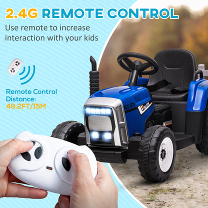 HOMCOM Electric Ride on Tractor w/ Detachable Trailer, 12V Kids Battery Powered Electric Car w/ Remote Control, Music Start up Sound, Blue