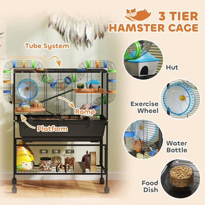 PawHut 3 Tier Large Hamster Cage on Wheels with 17 cm Deep Tray, Storage Shelf for Syrian, Gerbil, Rats
