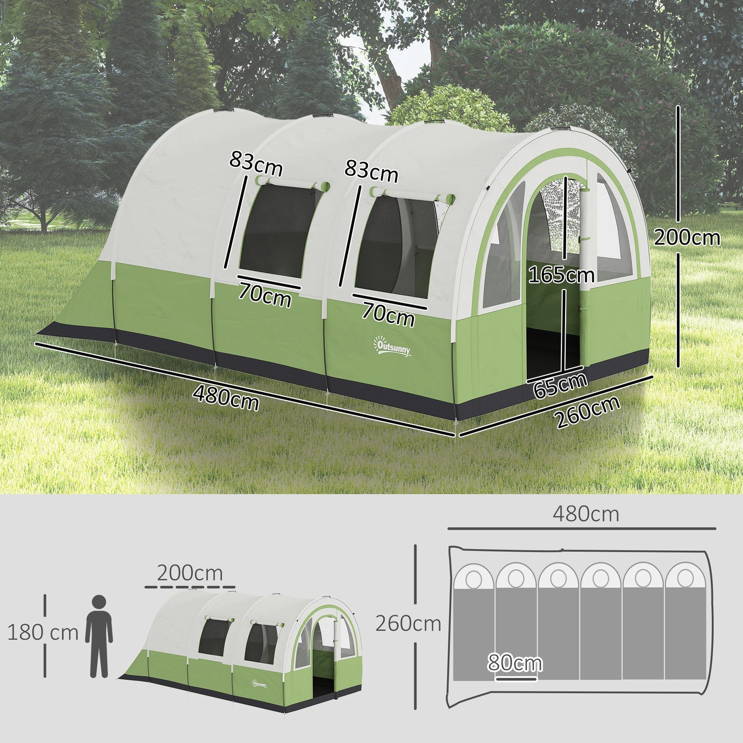 Outsunny 3000mm Waterproof Camping Tent, 5-6 Man Family Tent with Living and Bedroom, Carry Bag Included, Cream and Green