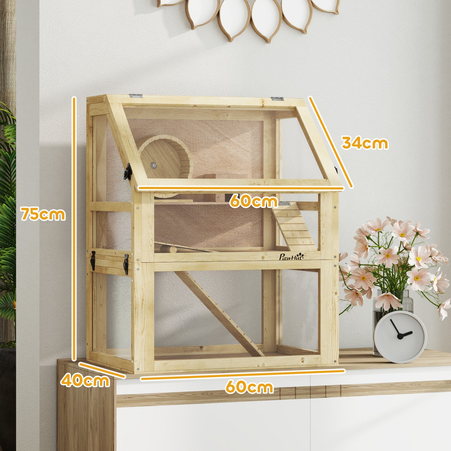 PawHut Wooden Hamster Cage with Detachable 32cm Deep Bottom, Hut, Seesaw, Exercise Wheel, Ramp, 60 x 40 x 75cm