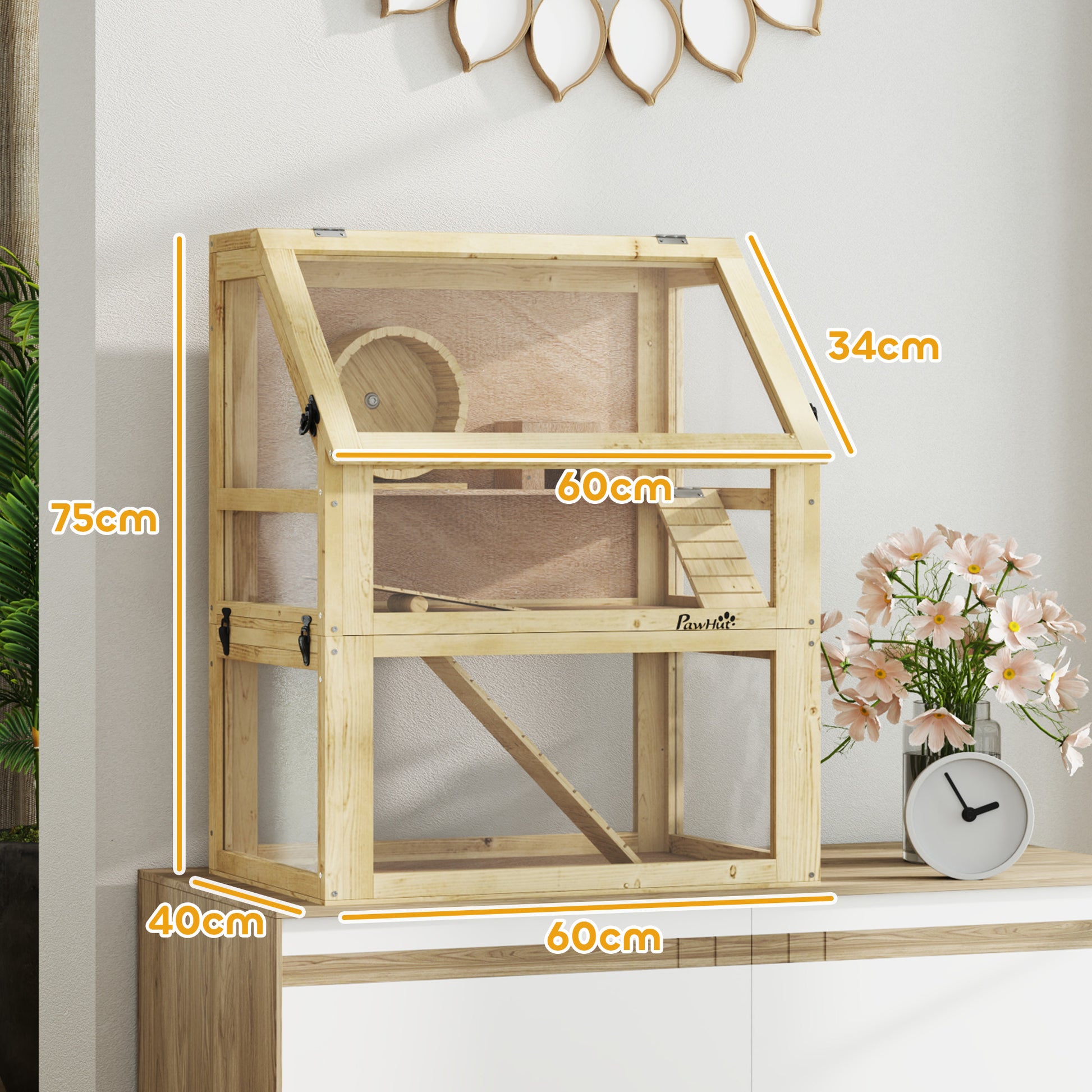 PawHut Wooden Hamster Cage with Detachable 32cm Deep Bottom, Hut, Seesaw, Exercise Wheel, Ramp, 60 x 40 x 75cm
