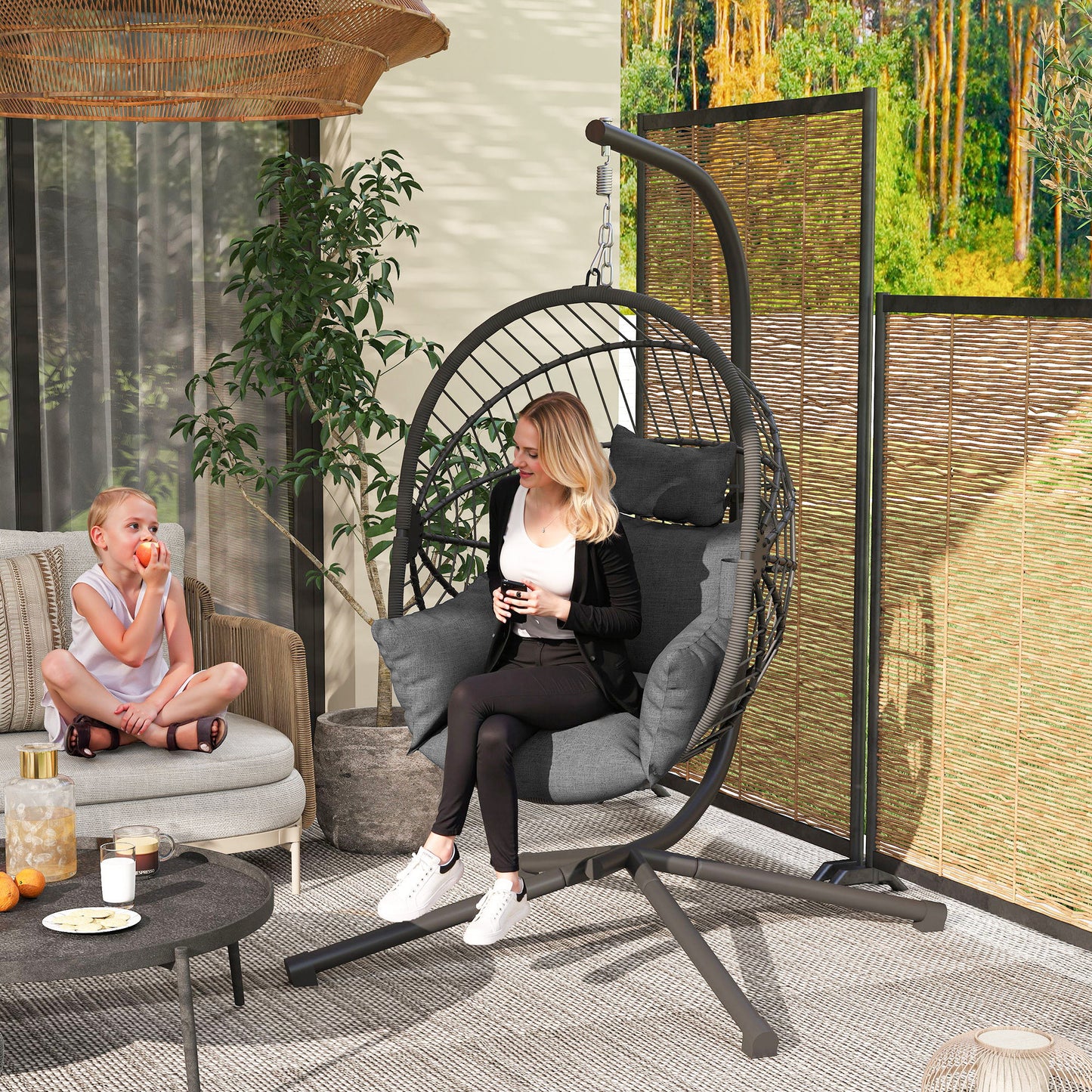 Outsunny Metal Stand Hanging Egg Chair, with Full Body Padded Seat - Grey