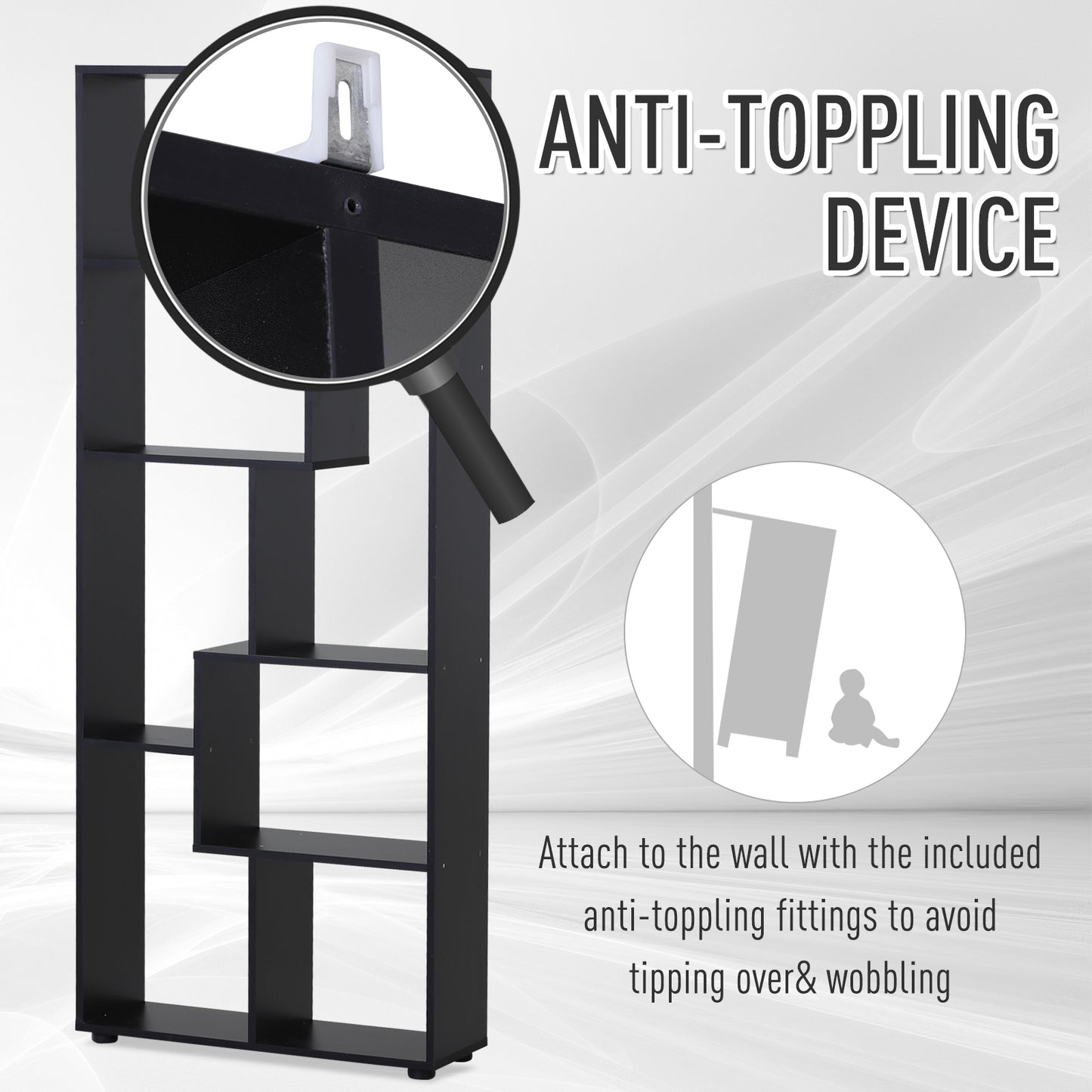 HOMCOM 8-Tier Freestanding Bookcase w/ Melamine Surface Anti-Tipping Foot Pads Home Display Storage Grid Stand Modern Style - Black