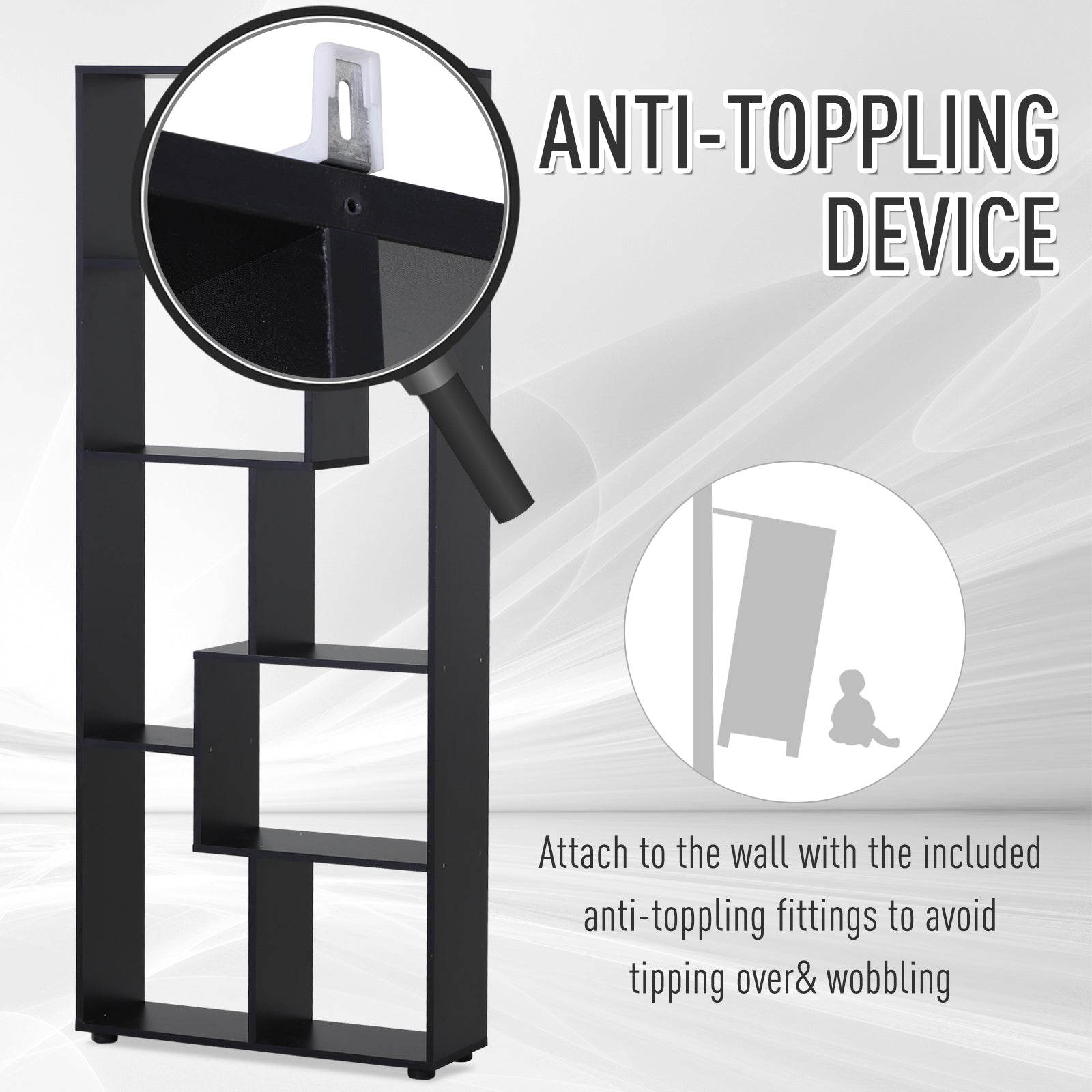 HOMCOM 8-Tier Freestanding Bookcase w/ Melamine Surface Anti-Tipping Foot Pads Home Display Storage Grid Stand Modern Style - Black
