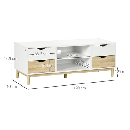 HOMCOM Modern TV Stand Unit for TVs up to 55" with Storage Shelves and Drawers, 120cmx40cmx44.5cm, White and Natural