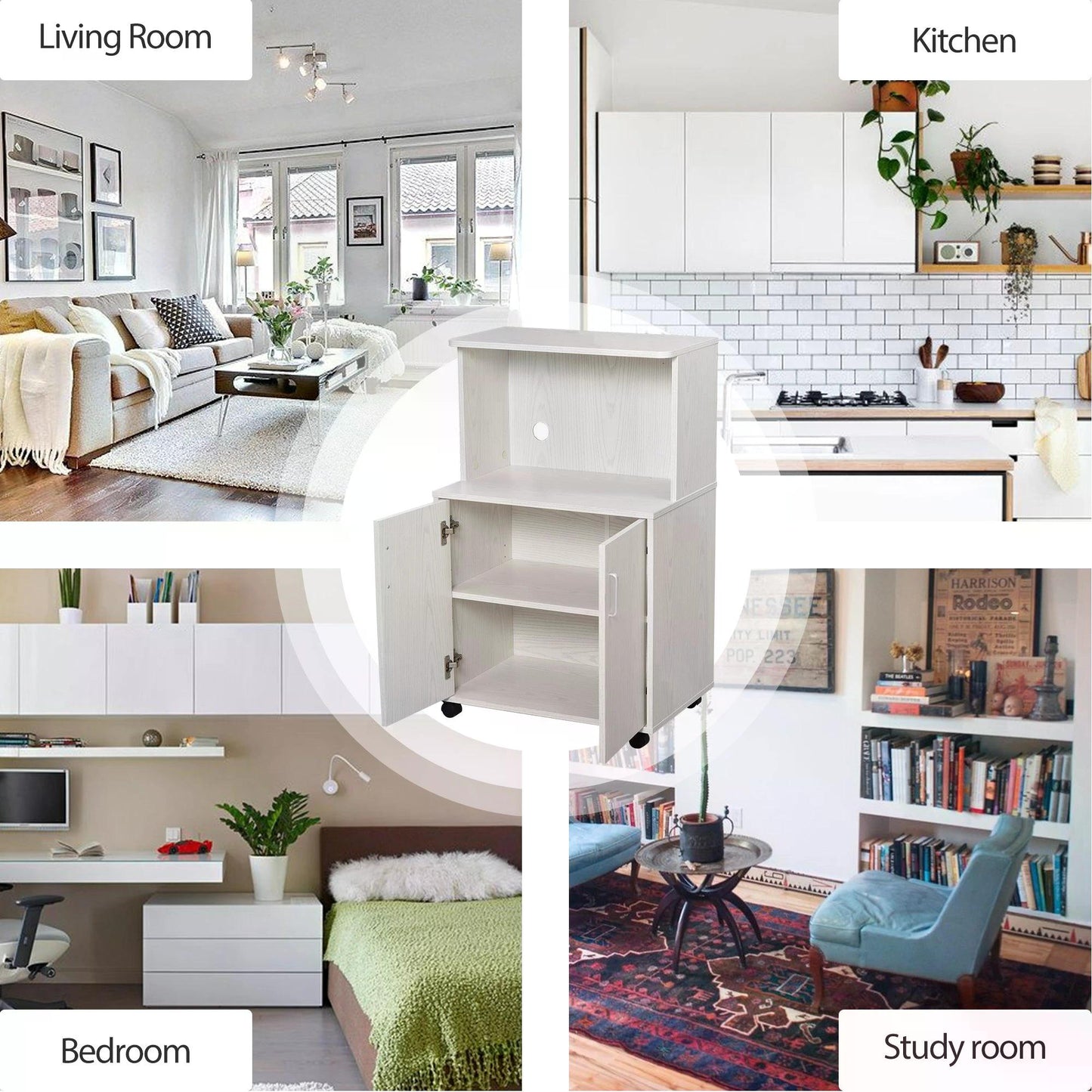 HOMCOM Microwave Cart on Wheels Utility Trolley Storage Sideboard Bookcase with 2-door Cabinet, 97H x 60.4W x 40.3Dcm, White