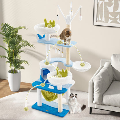 Multi-level Cat Tower with Sisal Covered Scratching Posts-Blue