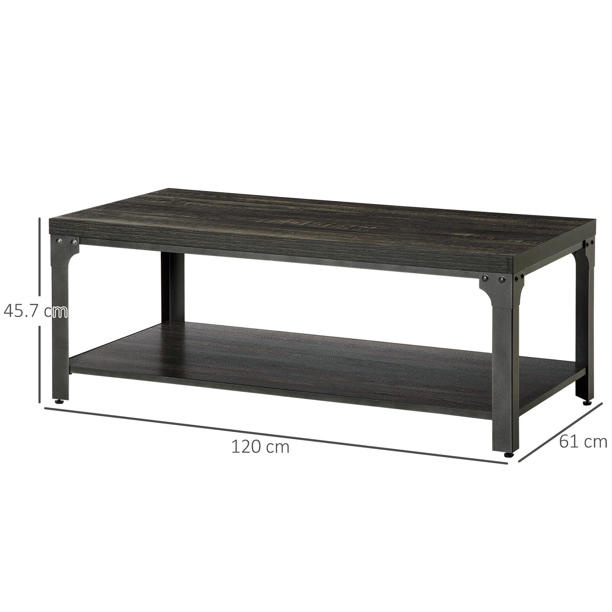 HOMCOM Rustic Coffee Table with Storage Shelf, Cocktail Table with Steel Frame and Thickened Top for Living Room, Dark Walnut